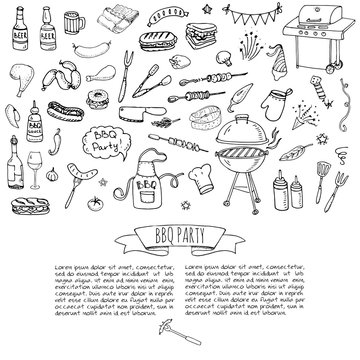 Hand drawn doodle BBQ party icons set Vector illustration summer barbecue symbols collection Cartoon various meals, drinks, ingredients and decoration elements Grill Meat Sausage Sandwich Wine Sketch