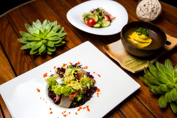 seafood salad, dumpling soup and vegetable salad for lunch