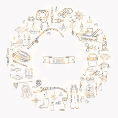 Hand drawn doodle Fishing icons set Vector illustration catching fish equipment elements collection Cartoon fishery concept Rod Baits Spinning Lure Fiberglass Rib boat Lighthouse Clothing Rubber boots