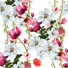 Panele Szklane Podświetlane  Akwarela malarstwo liści i kwiatów, wzór na białym tle
