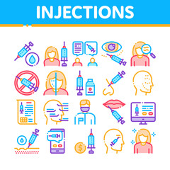 Injections Collection Elements Icons Set Vector Thin Line. Anti-ageing Treatments Procedure, Fillers Medical Cosmetic Injections Concept Linear Pictograms. Color Contour Illustrations