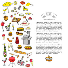 Hand drawn doodle Picnic icons set Vector illustration barbecue sketchy symbols collection Cartoon bbq concept elements Summer picnic Umbrella Guitar Food basket Drinks Wine Sandwich Sport activities