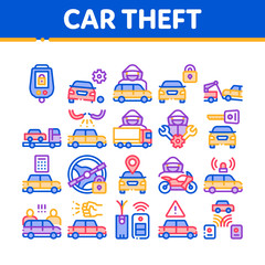 Car Theft Collection Elements Icons Set Vector Thin Line. Car Theft On Truck, Thief Silhouette Near Motorcycle And Van, Signaling And Electronic Key Linear Pictograms. Color Contour Illustrations