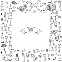 Hand drawn wine tasting icons set Vector illustration Sketchy liquor elements collection Cartoon alcohol symbols Vineyard background  Winery objects Grape. Glass Cheese Cork Barrel. Sparkling. Boose. 