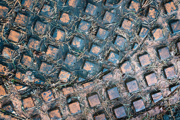 Metal geometric background with little dry leaves on his surface.