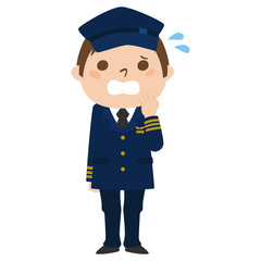 職業別、男性パイロットのイラスト。汗をかいて、慌てている男性。