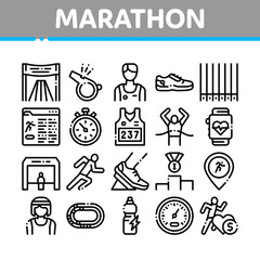 Marathon Collection Elements Icons Set Vector Thin Line. Human Athlete Silhouette Running And Uniform, Sport Stadium For Marathon And Shoe Concept Linear Pictograms. Monochrome Contour Illustrations