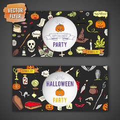 Hand drawn doodle Happy Halloween icons set. Vector illustration. Holiday symbols collection. Cartoon various sketch elements: pumpkin, ghost, castle, bat, candy, witches cauldron, zombie hand, skull