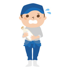 職業別、男性酪農家のイラスト。汗をかいて、慌てている男性。