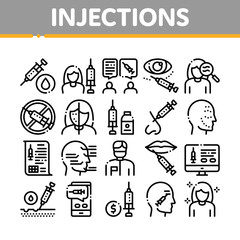 Injections Collection Elements Icons Set Vector Thin Line. Anti-ageing Treatments Procedure, Fillers Medical Cosmetic Injections Concept Linear Pictograms. Monochrome Contour Illustrations