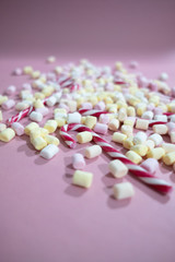 Close-up on tiny marshmallows and Christmas candy canes
