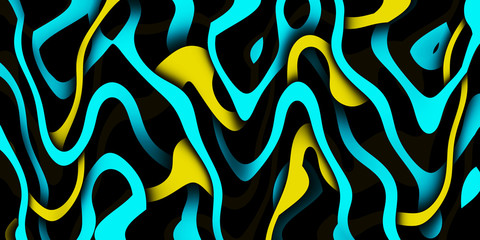 Multicolor glowing twisted lines on black background. Shiny neon fractal. Abstract psychedelic 3D illustration