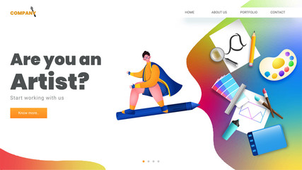 Landing Page or Web Template Design with Flying Man from Pen and Realistic Graphic Designing Tool on Abstract Background.