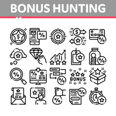 Bonus Hunting Collection Elements Icons Set Vector Thin Line. Magnifier And Bag With Percent Mark, Star, Diamond And Bonus Coins In Bottle Concept Linear Pictograms. Monochrome Contour Illustrations