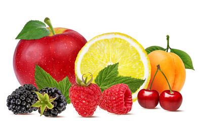 Collage of fresh fruits and berries isolated on white background with clipping path