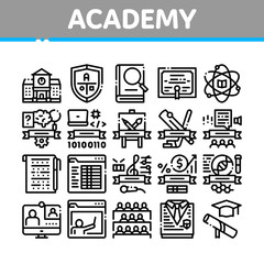 Academy Educational Collection Icons Set Vector Thin Line. Academy Building And Uniform, Book And Paper With Pen, Financial And Music Lessons Linear Pictograms. Monochrome Contour Illustrations