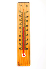 Wooden thermometer isolated on white background. Thermometer shows air temperature plus 14 degrees celsius or plus 58 degrees fahrenheit