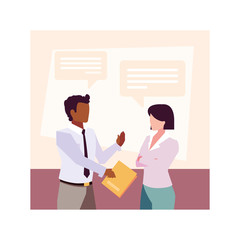 business couple in the work office with speech bubble