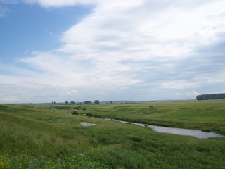 landscape with green field and blue sky
