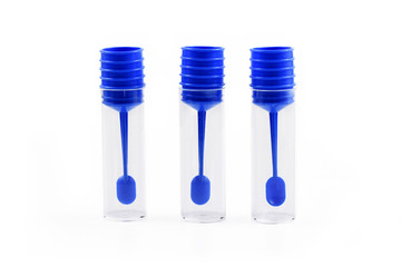 Three empty transparent stool sample test tubes with blue lid isolated on white background