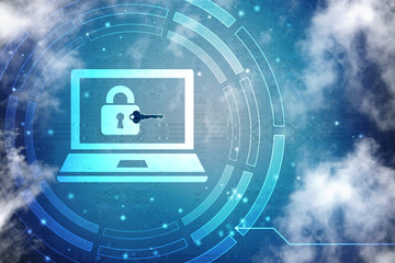 2d illustration Safety concept: Closed Padlock with laptop on digital background