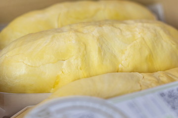 Close up durian flesh yellow gold tropical fruit , Durian the king of fruit in Thailand popular tropical Thai traditional fruit so delicious.