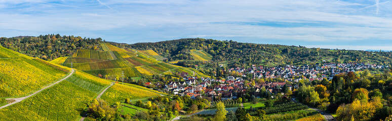 Germany, XXL panorama of stuttgart district uhlbach houses, a village surrounded by colorful vineyards and forested hills in autumn season © Simon