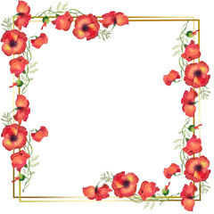 Fototapeta premium square golden frame with red poppies illustration of watercolor