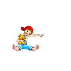 Das mag ich voll. Niedlicher kleiner Junge mit roter Schirmmütze sitzt barfuß mit Teddy Bär im Arm, lehnt auf etwas und lächelt dies an, Werbung, logo, design, cute barefeet boy, Vorlage, Template 
