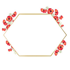 polygonal golden frame with watercolor flowers of red poppies. illustration on a white background .