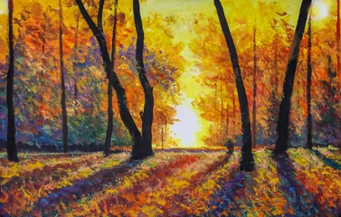 Sonnige Herbstwaldölmalerei moderne Impressionismus-Herbstlandschaft. Dunkle Bäume im Herbstpark. Gold-Expressionismus-Kunstillustrations-Herbstnatur © weris7554