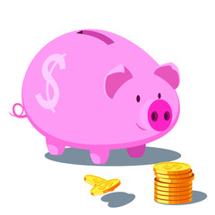 Pig piggy bank with coins. Vector illustration.