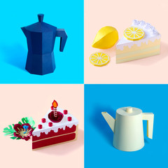 Set of paper coffeepot and cakes