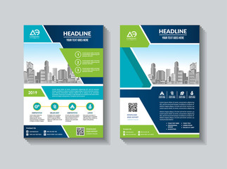 Vector Business brochure, flyers design template, company profile, magazine, poster, annual report, book & booklet cover, with green wavy line, and cityscape vector in background elements, size a4.