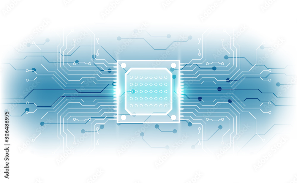 Wall mural abstract technology chip processor background circuit board and code, illustration blue technology b