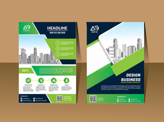 Vector Business brochure, flyers design template, company profile, magazine, poster, annual report, book & booklet cover, with green wavy line, and cityscape vector in background elements, size a4.