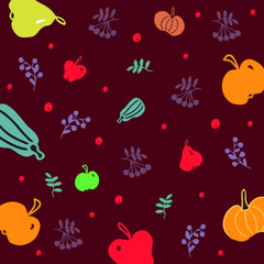 Doodle burgundy background with pears, apples, pumpkins, zucchini, berries and leaves.