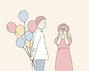 Happy couple. Man with balloons. Girl in hat closing her eyes. Hand drawn vector illustration.