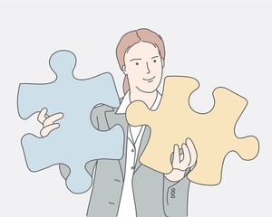 Woman with puzzles. Line drawing vector illustration. Hand drawn vector illustration.