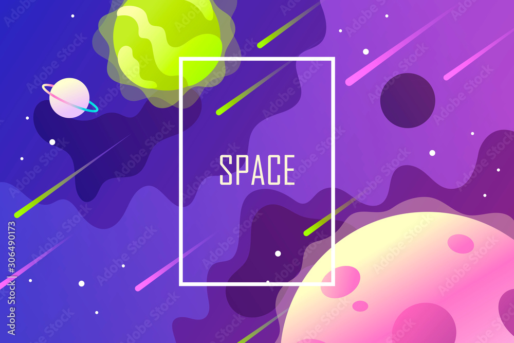 Wall mural horizontal space background with abstract shape and planets. falling asteroids. web design. vector i