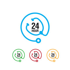 24 hours doctor service logo iconvector.  sign of 24/7 day and night healthcare medical services button symbol.