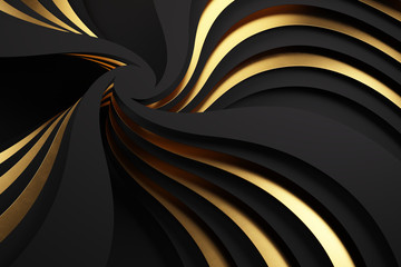 Abstract 3d gold and black waves Background. 3d Rendering