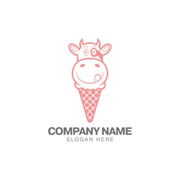 Delicious Cow's Milk Ice Cream Logo Design Template, Ice Cream And Cow Head Vector