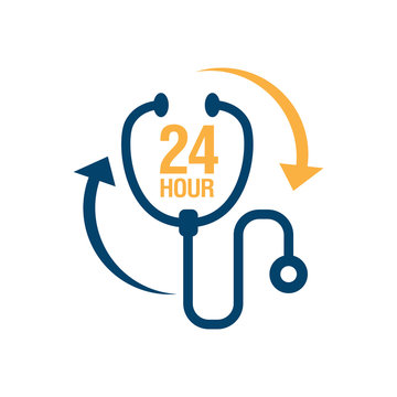 24 hours doctor service logo iconvector.  sign of 24/7 day and night healthcare medical services button symbol.