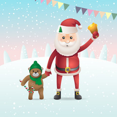 Santa Claus with a bell and a Teddy bear isolated on snowy background. Vector image