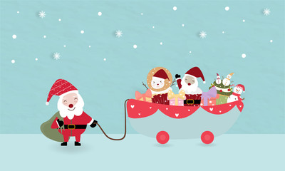 santa sweet heart take cart gift boxes cupcakes things for children.happy time merry christmas celebration winter.cute moment season warm blue pastel background holiday.slight good red december