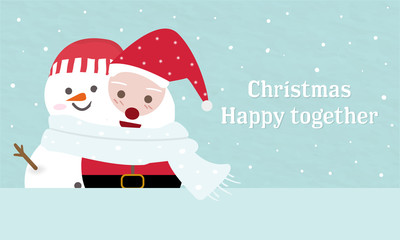 sweet santa and snow man couple lover wearing scarf together.blue pastel paper background.christmas season cold weather winter falling.happy family time cartoon holiday merry greeting cute.