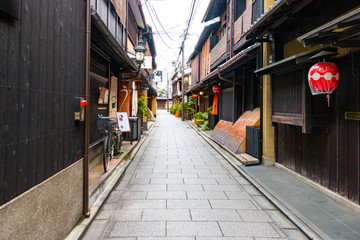 The scenery of the back alley of Gion Hanamikoji Street. Kyoto, Japan
