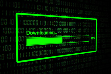 Fototapeta premium Download With Progress Bar, Closeup Process of Downloading File in Internet on Abstract Binary Code Background. 