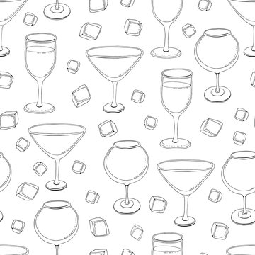 Hand-drawn sketch of wine glass. Seamless glassware background. Glassware pattern. Black and white style. Vintage. white background. a glass of shompansky, a glass for wine, a glass for margarita
